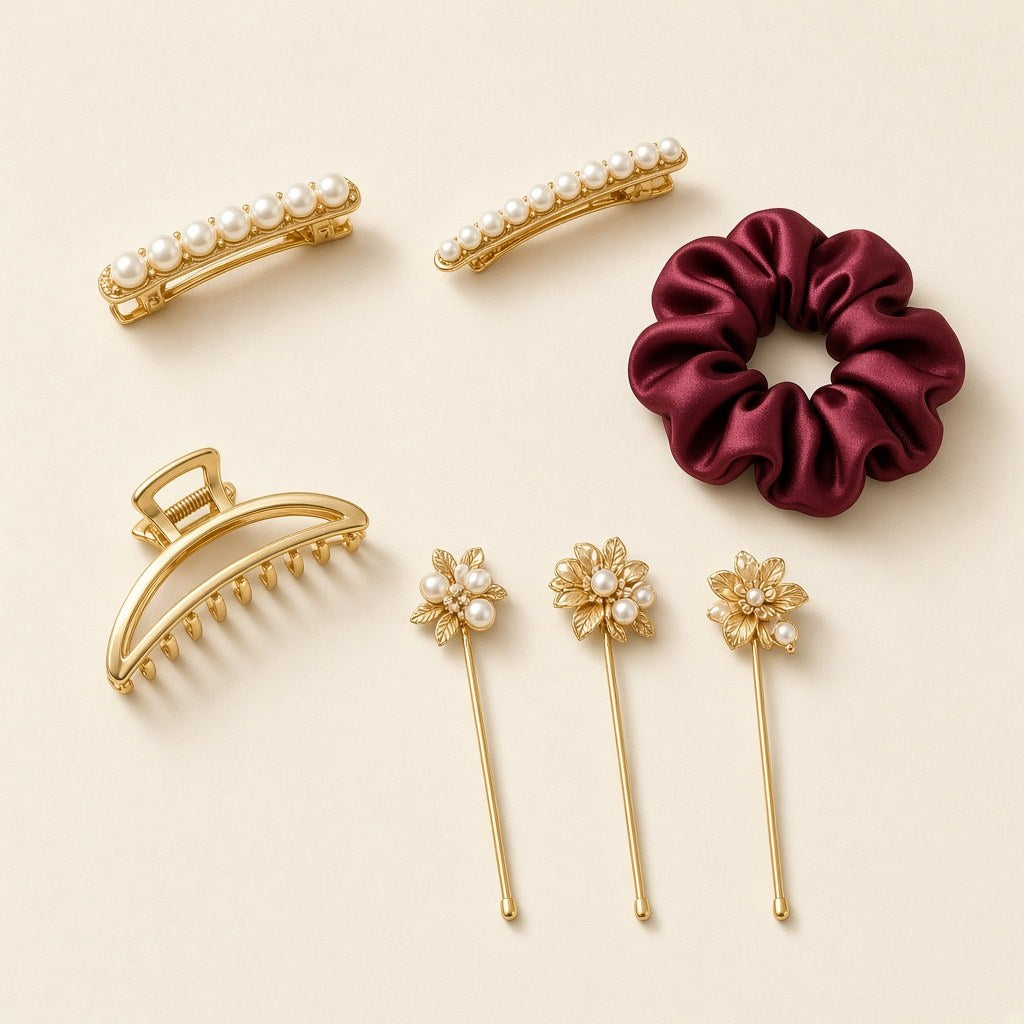 Gold hair clips, scrunchie and jooda pins