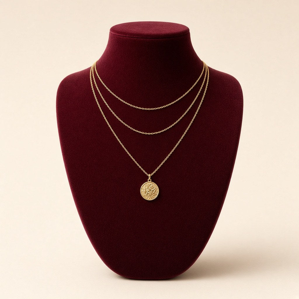 Layered gold necklaces on maroon velvet bust