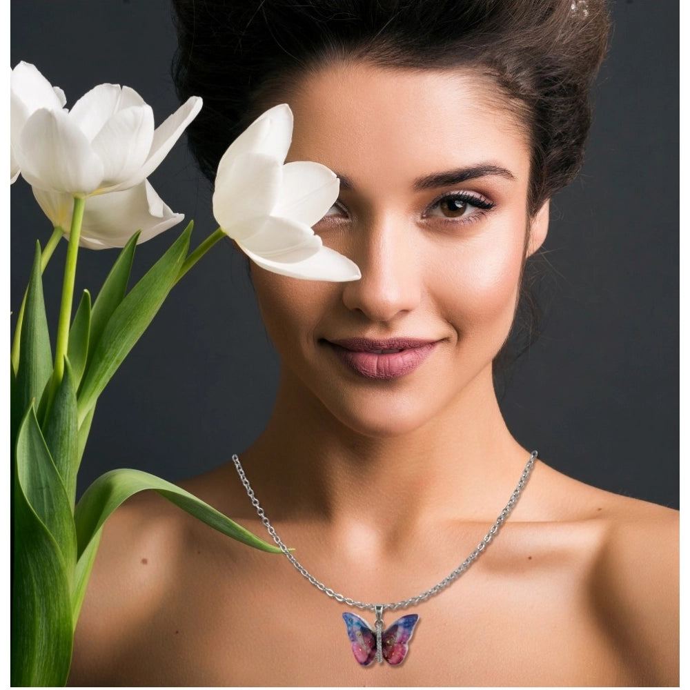 Silver Colourful Butterfly Pendant Chain - Vkart - View 3
