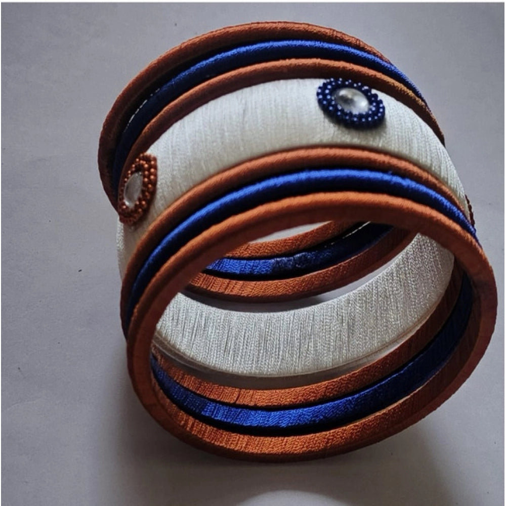 White-Brown-Blue Silk Thread Bangles (Size 2.8) - Vkart - View 2