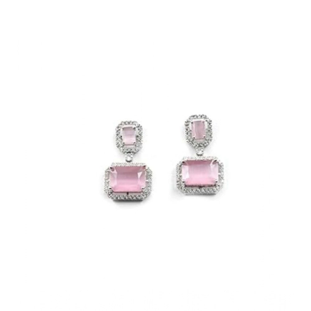 Pink Silver-Plated Drop Earrings - Vkart - View 2