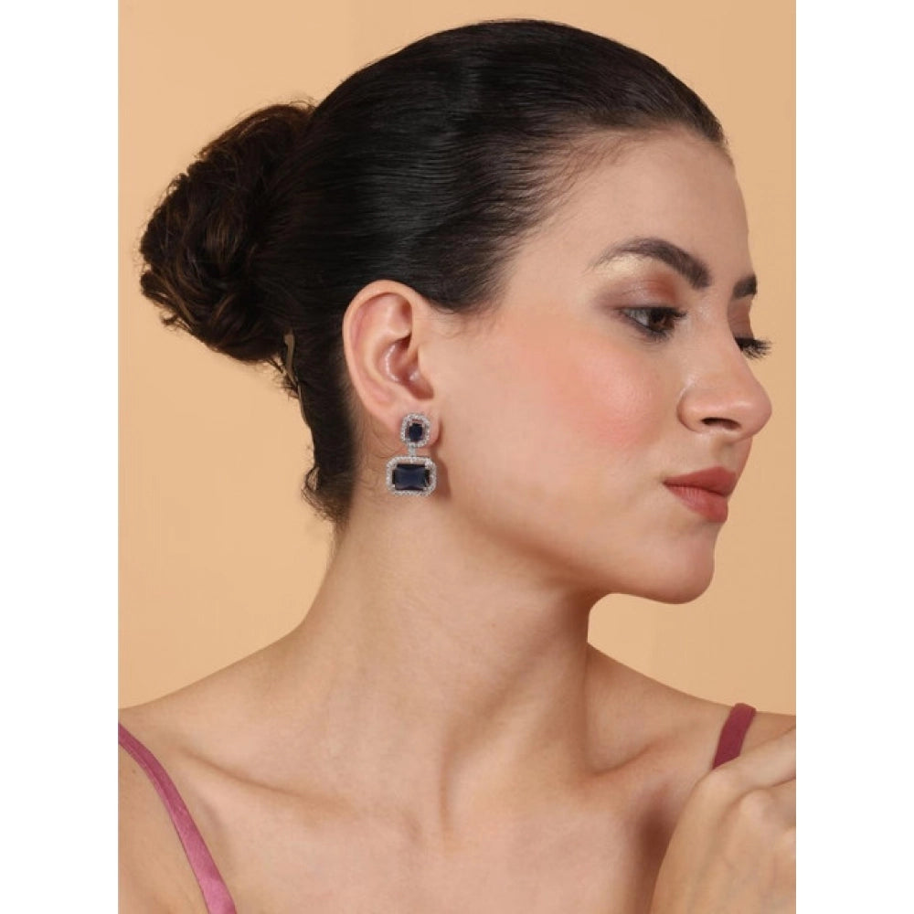 Blue Silver-Plated Drop Earrings - Vkart - View 4