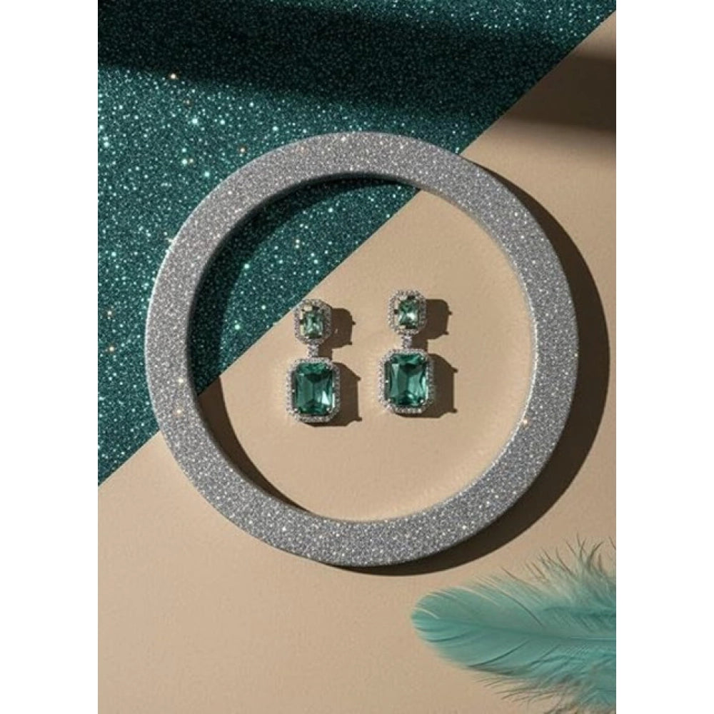 Green Silver-Plated Drop Earrings - Vkart - View 3