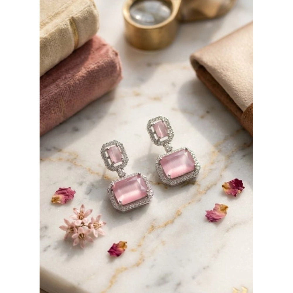 Pink Silver-Plated Drop Earrings - Vkart