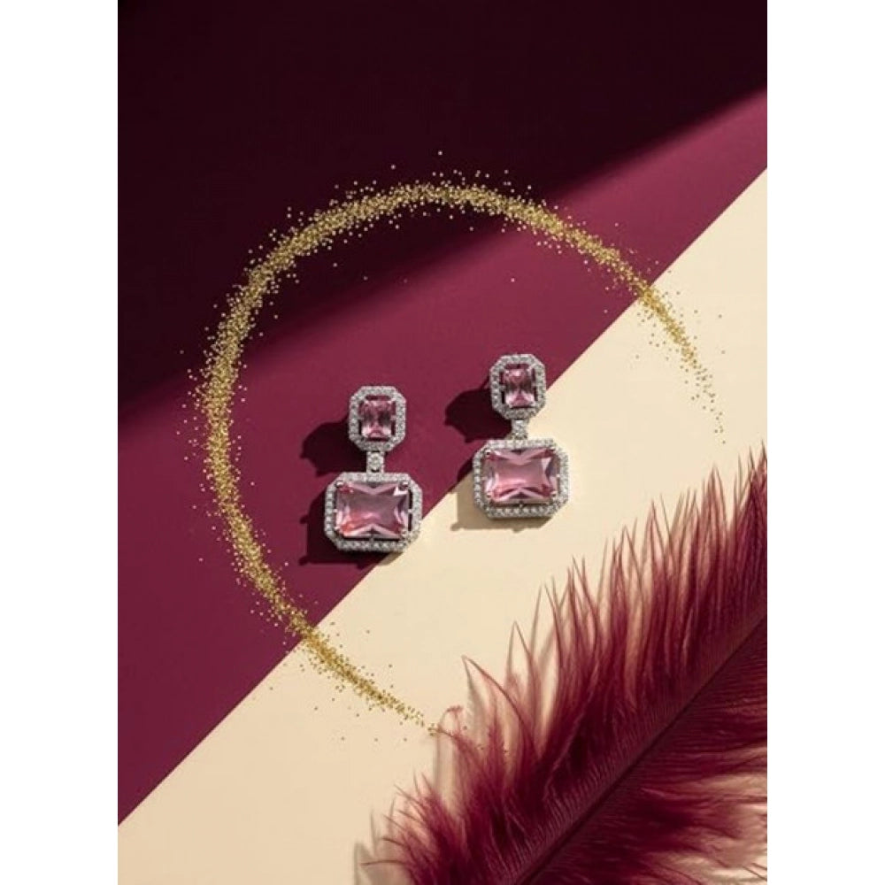 Pink Silver-Plated Drop Earrings - Vkart - View 3