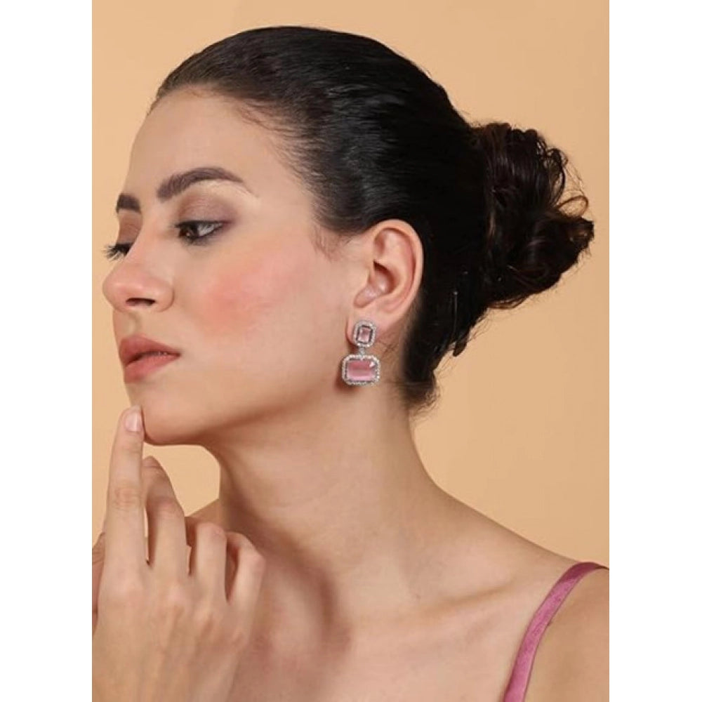 Pink Silver-Plated Drop Earrings - Vkart - View 4