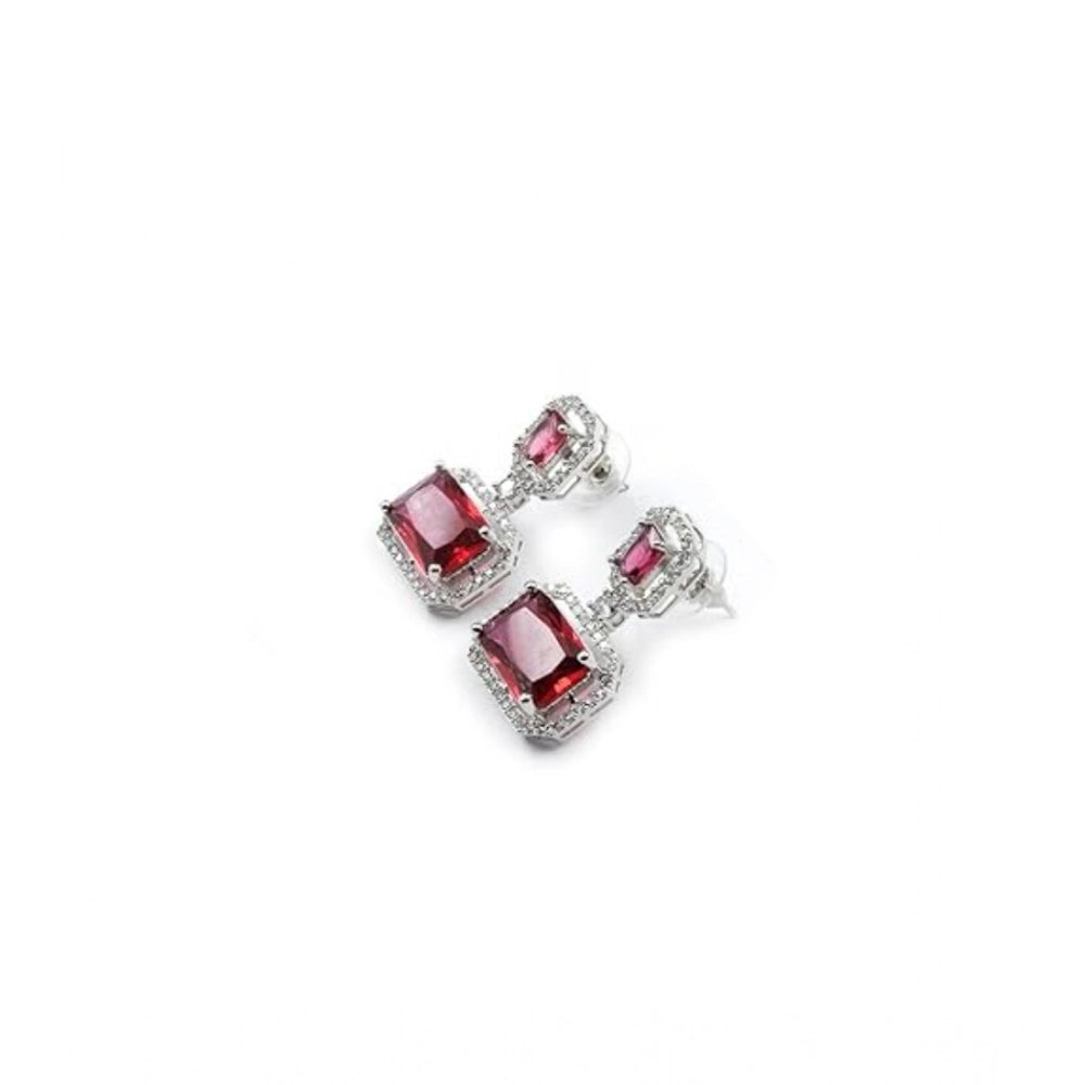 Red Silver-Plated Drop Earrings - Vkart - View 5