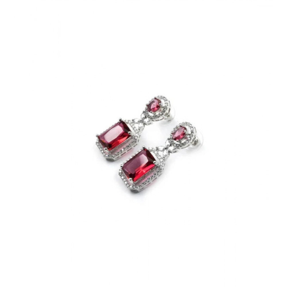 Red Silver-Plated Drop Earrings No. 2 - Vkart - View 2