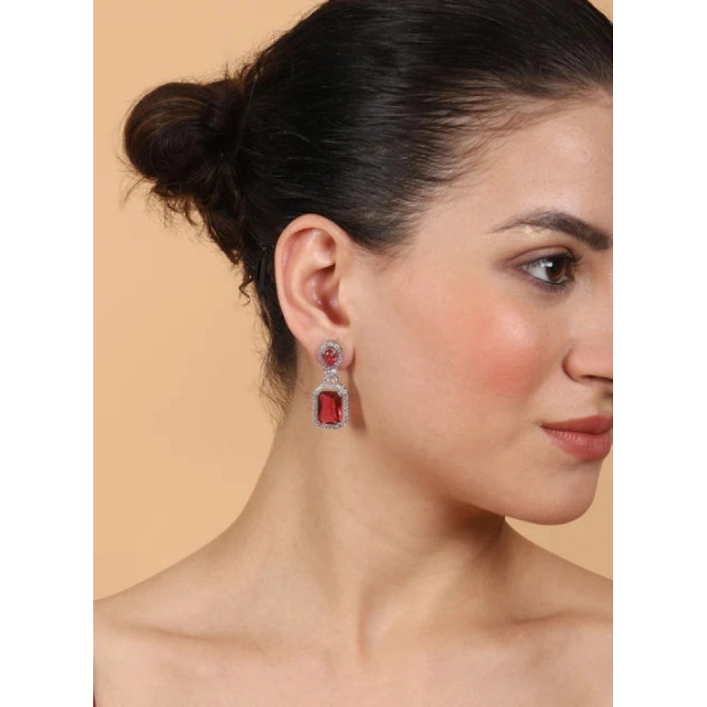 Red Silver-Plated Drop Earrings No. 2 - Vkart - View 4