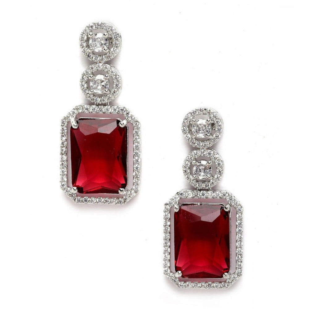 Red Silver-Plated Drop Earrings No. 3 - Vkart - View 2