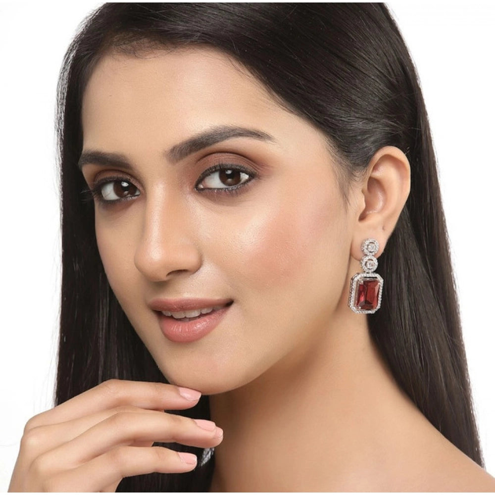 Red Silver-Plated Drop Earrings No. 3 - Vkart - View 3