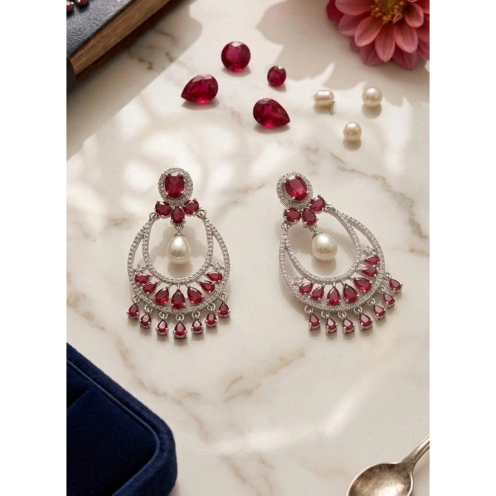 Red Silver-Plated Chandbali Earrings - Vkart