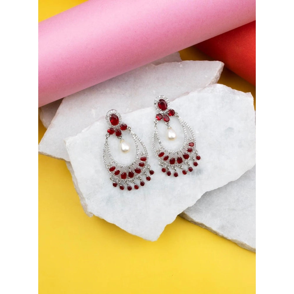 Red Silver-Plated Chandbali Earrings - Vkart - View 3
