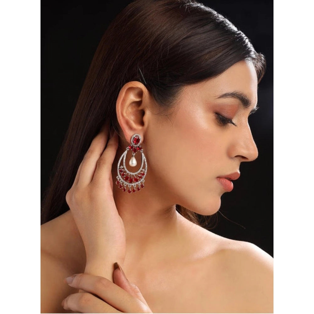 Red Silver-Plated Chandbali Earrings - Vkart - View 4