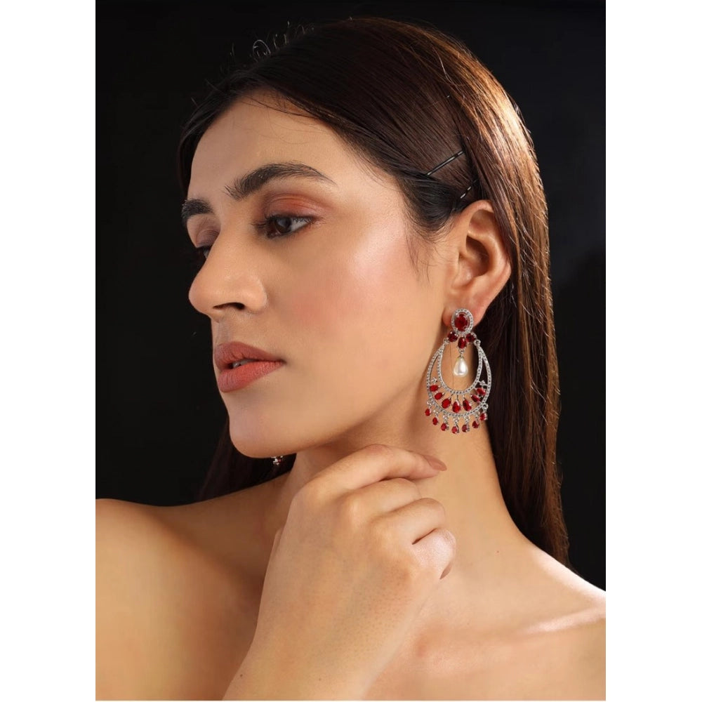 Red Silver-Plated Chandbali Earrings - Vkart - View 5