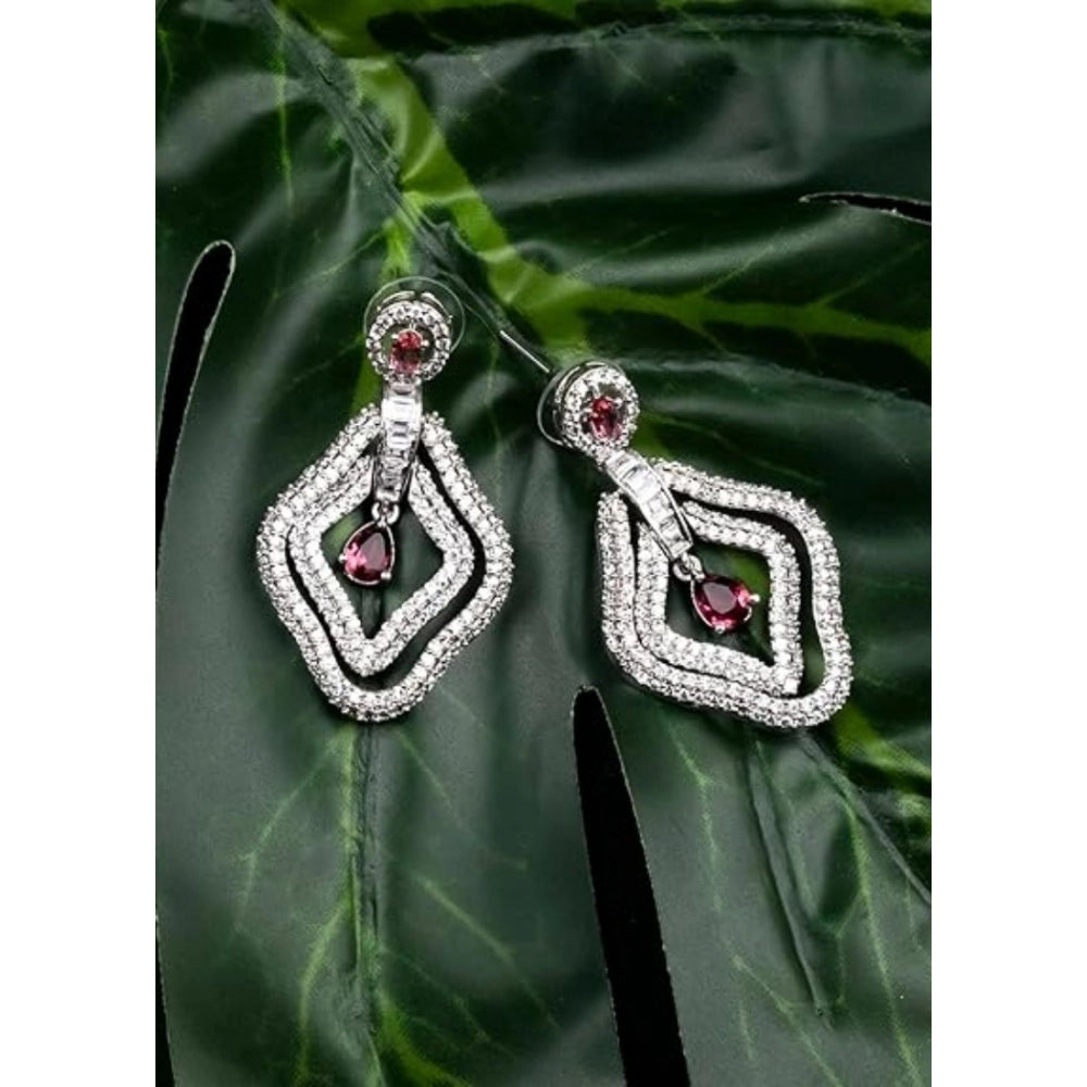 Red Silver-Plated Drop Earrings No. 4 - Vkart - View 3