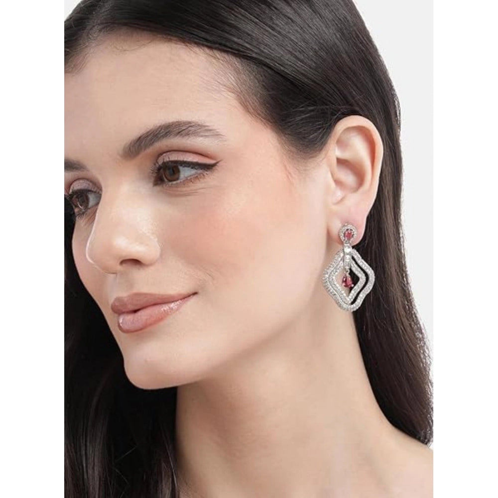 Red Silver-Plated Drop Earrings No. 4 - Vkart - View 4