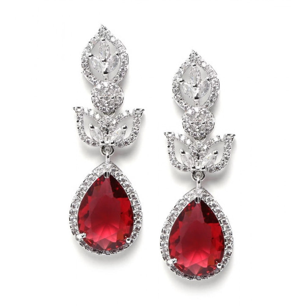 Red Silver-Plated Drop Earrings No. 5 - Vkart - View 2