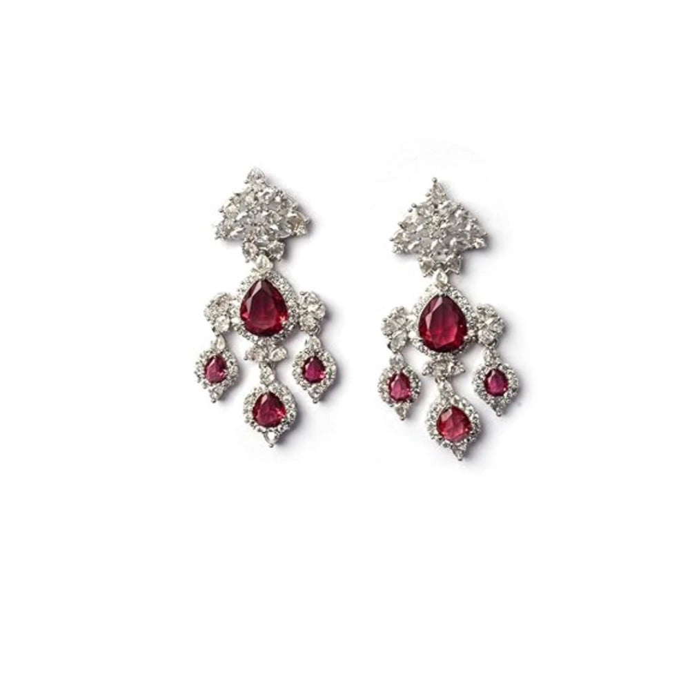 Red Silver-Plated Drop Earrings No. 6 - Vkart - View 2