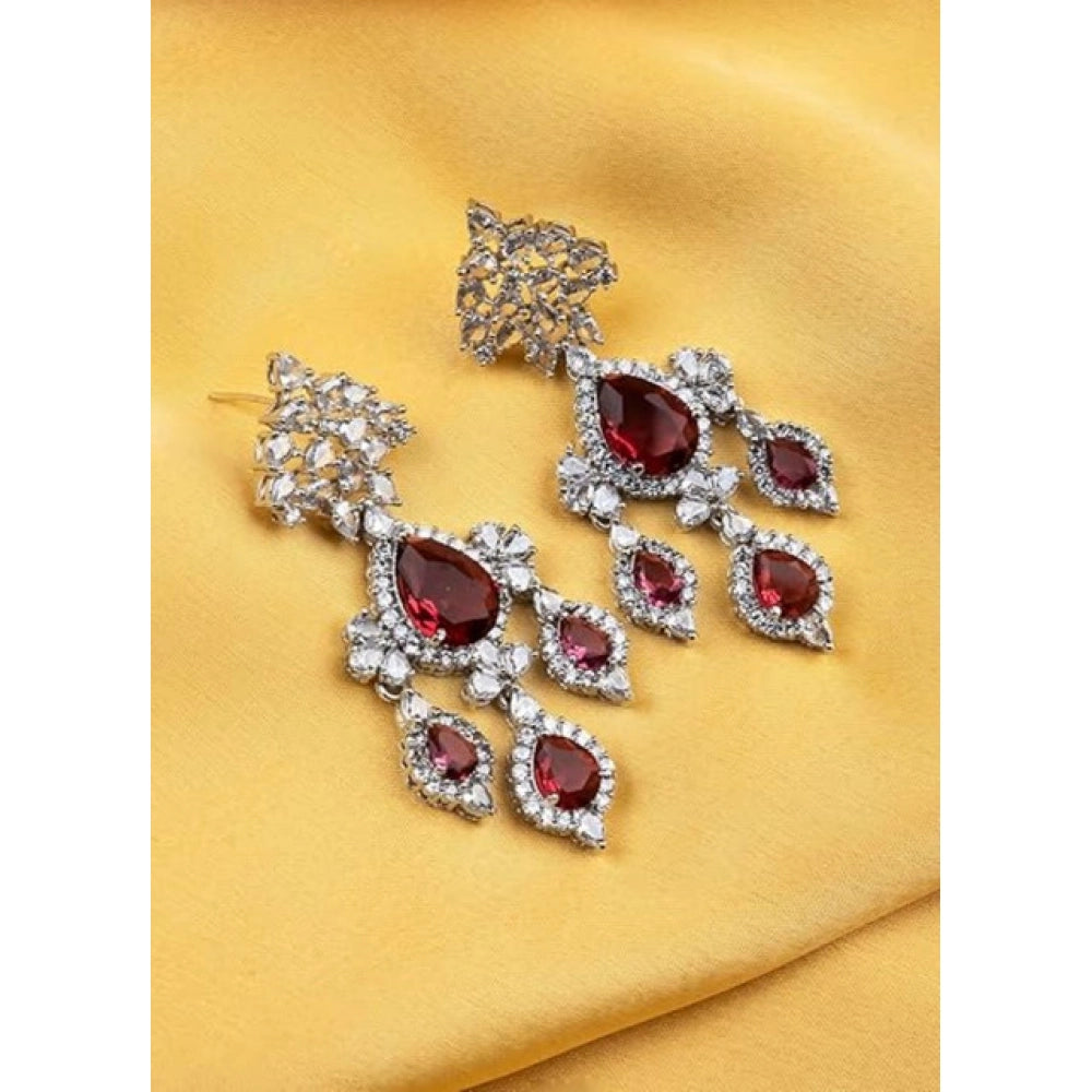Red Silver-Plated Drop Earrings No. 6 - Vkart - View 3