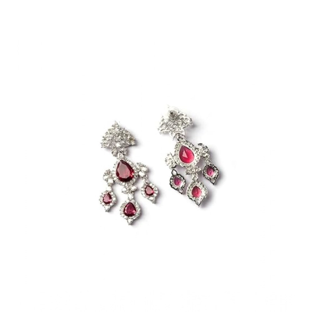 Red Silver-Plated Drop Earrings No. 6 - Vkart - View 4