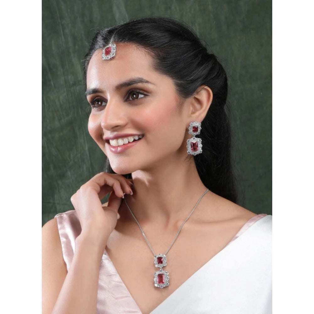 Red Silver-Plated Pendant Set - Vkart - View 3