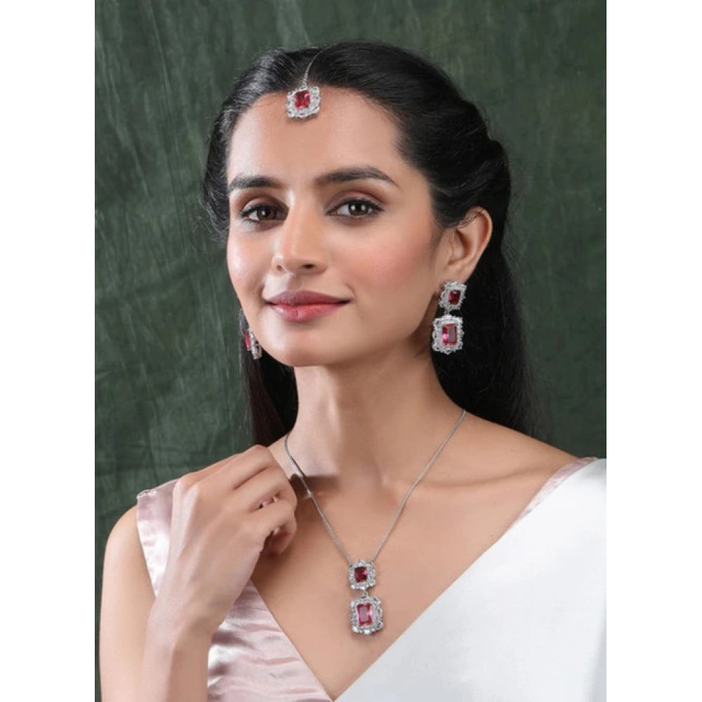 Red Silver-Plated Pendant Set - Vkart - View 4