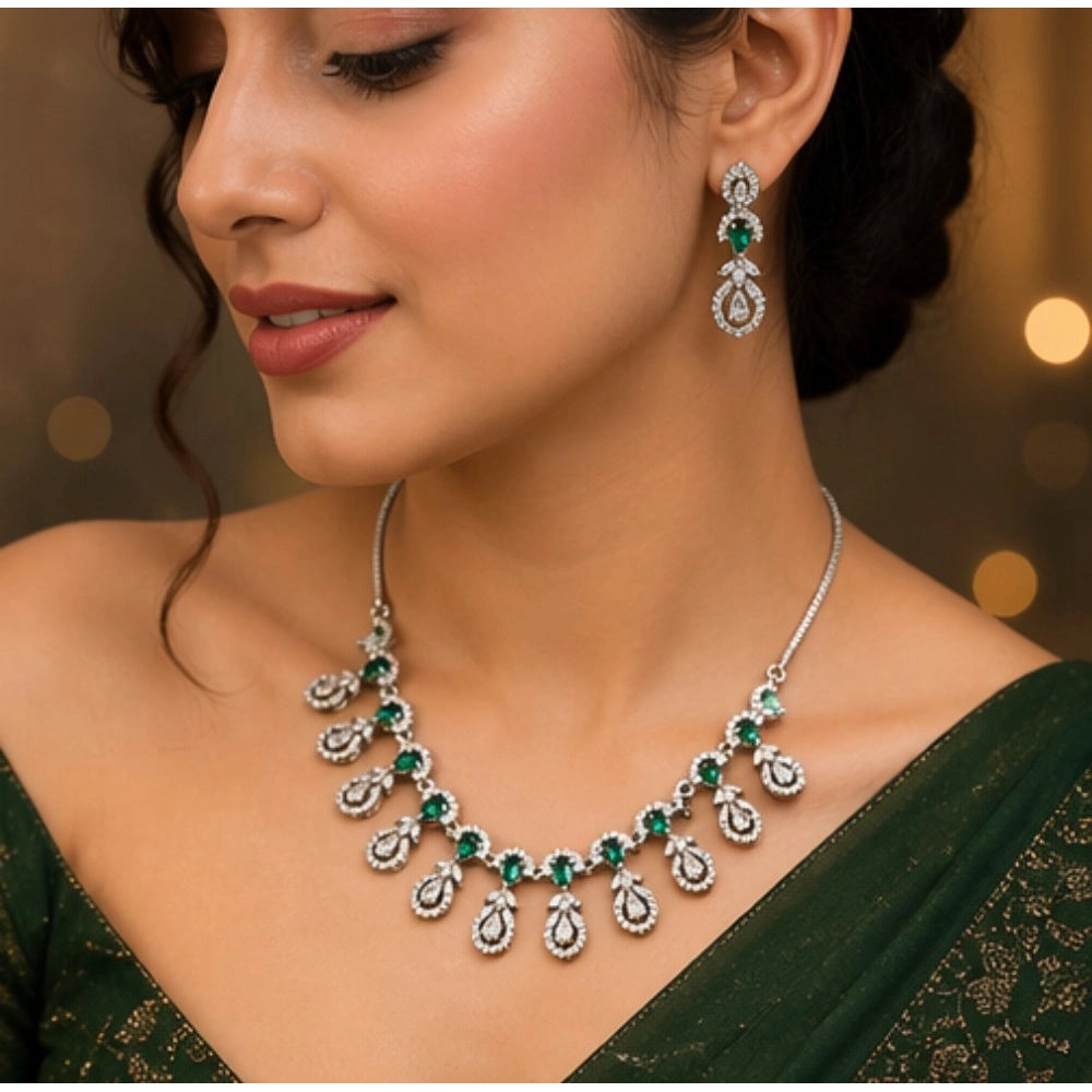 Green Silver-Plated Necklace Set No. 10 - Vkart - View 3